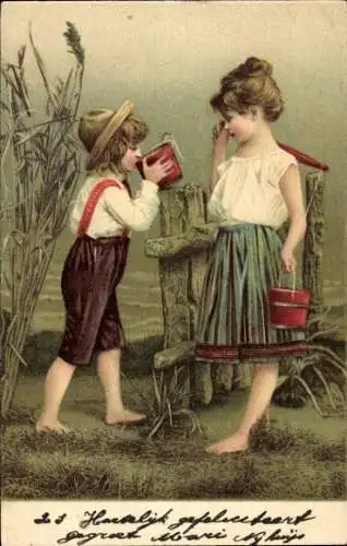 Litho Trinkender Junge und Mädchen