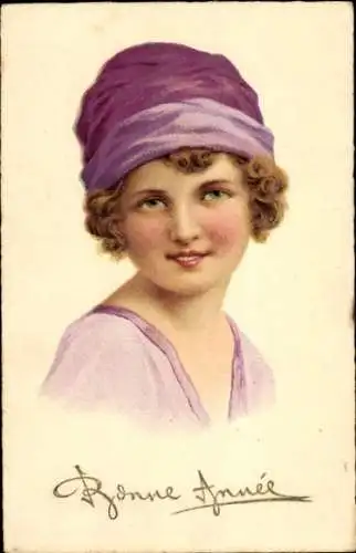Ak Glückwunsch Neujahr, Mädchen mit lila Mütze