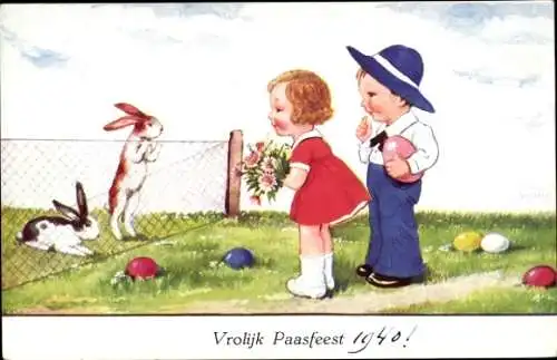 Ak Glückwunsch Ostern, Kinder beobachten Kaninchen im Gehege, Ostereier
