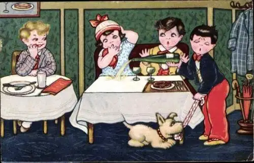 Künstler Ak Boriss, M., Kinder im Restaurant, Tollpatschiger Kellner, Sektflasche, Hund