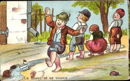 Ak Modellboot in einem Bachlauf, pinkelnde Kinder