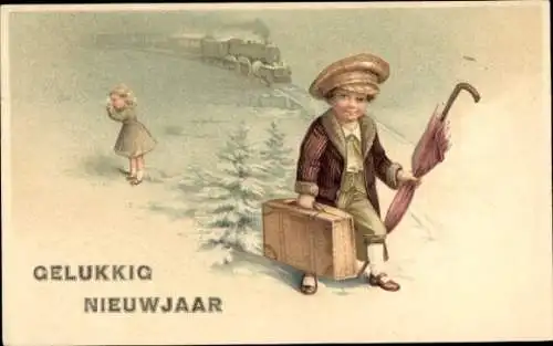 Ak Glückwunsch Neujahr, Reisender mit Koffer, weinendes Mädchen, Eisenbahn