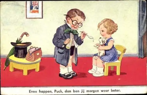 Ak Kinder als Erwachsene, Junge spielt Arzt, Hund bekommt Medizin