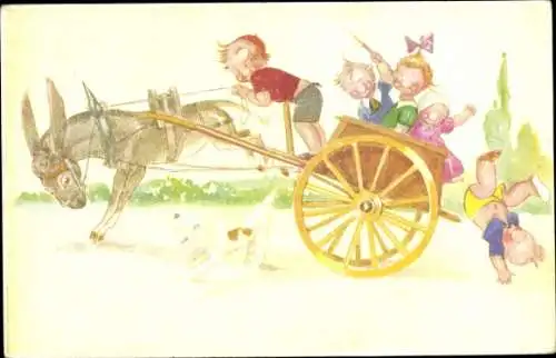 Künstler Ak Kinder auf einer Kutsche, Eselkarren, Kind fällt heraus