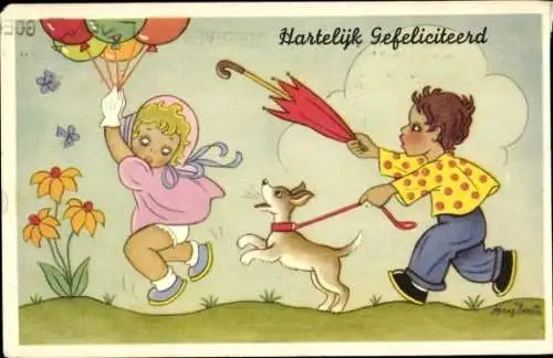 Künstler Ak Glückwunsch, Mädchen hebt mit Luftballons ab, Regenschirm, Junge mit Hund