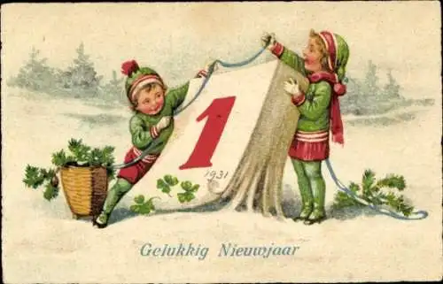 Ak Glückwunsch Neujahr, Kinder mit großem Kalender, Klee, Schnee