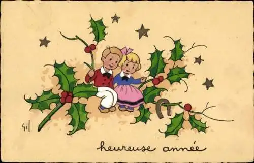 Künstler Ak Gil, Glückwunsch Neujahr, Kinder sitzen auf einem Stechpalmenzweig