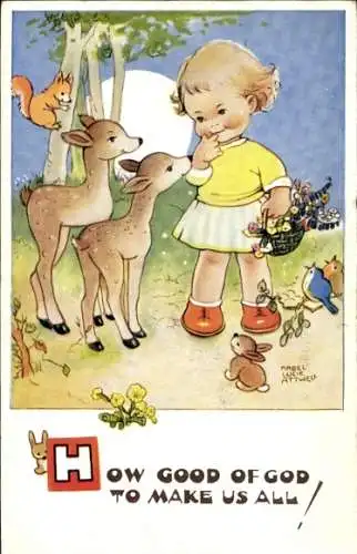 Künstler Ak Attwell, Mabel Lucy, Mädchen mit Blumenkorb, Rehe, Vögel, Eichhörnchen