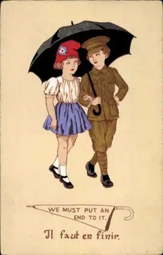 Ak Französin mit britischem Soldat unter einem Regenschirm