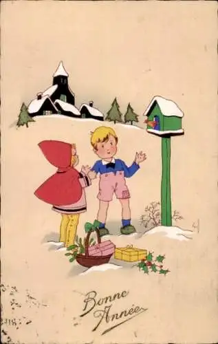 Ak Glückwunsch Neujahr, Kinder an einem Vogelhaus, Geschenke