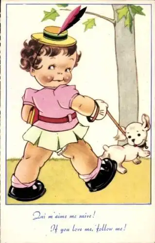 Ak Mädchen geht mit seinem Hund Gassi, Spaziergang, Kind-Portrait