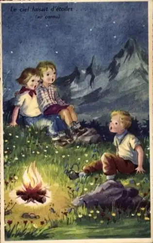 Künstler Ak Singende Kinder am Lagerfeuer, Gebirge
