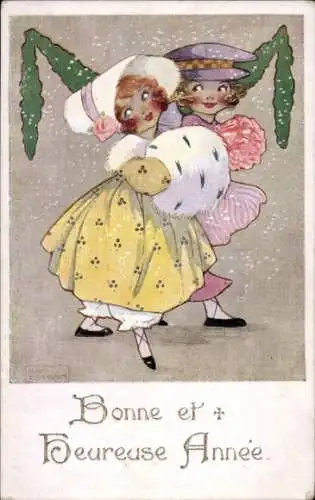 Künstler Ak Glückwunsch Neujahr, Mädchen im Schneefall, Muff
