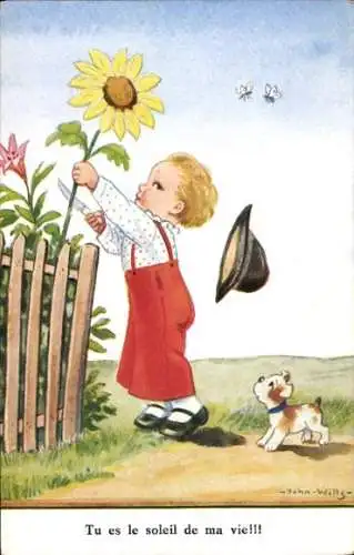 Künstler Ak Wills, John, Junge schneidet Sonnenblume, Hund