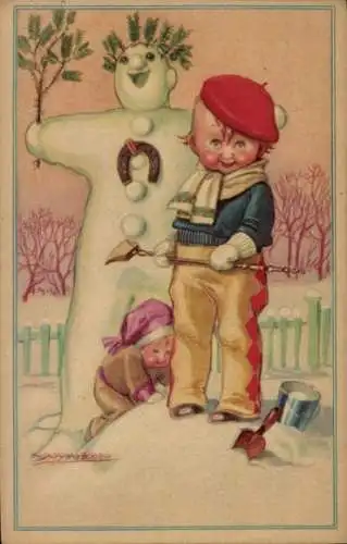 Künstler Ak Mauzan, Kinder bauen einen Schneemann, Hufeisen