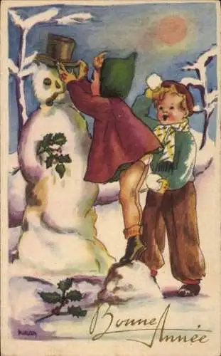 Künstler Ak Glückwunsch Neujahr, Kinder bauen Schneemann
