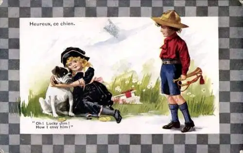 Ak Heureux, ce chien, Mädchen umarmt Hund, Pfadfinder mit Trompete