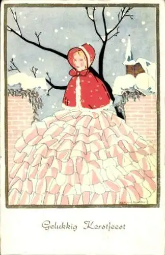 Künstler Ak Glückwunsch Weihnachten, Frau in einem Rüschenkleid