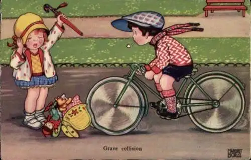 Künstler Ak Boriss, Margret, Junge auf Fahrrad, weinendes Mädchen, Puppenwagen, Amag 0325