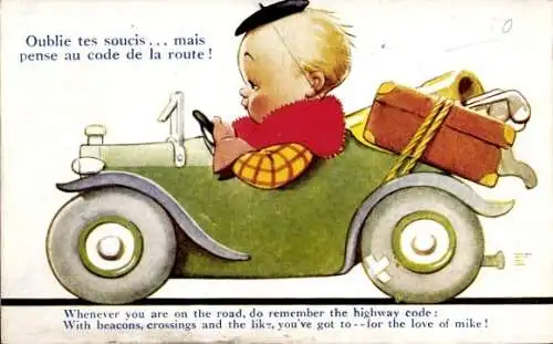 Künstler Ak Junge mit Golfschlägern in einem Automobil