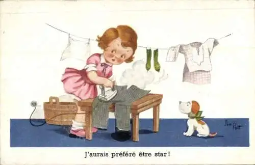 Künstler Ak Patt, Jim, Mädchen beim Bügeln einer Hose, Hund