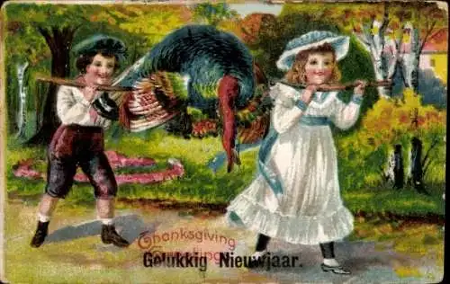 Präge Ak Thanksgiving, Junge und Mädchen tragen einen geschlachteten Truthahn
