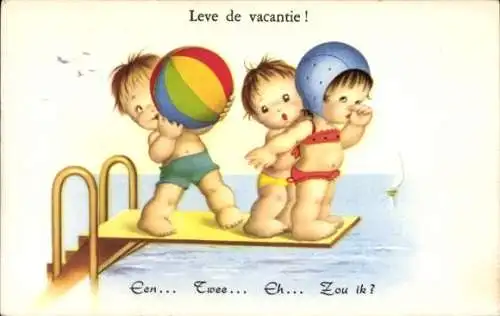 Künstler Ak Kinder in Badekleidung auf einem Sprungbrett am Meer