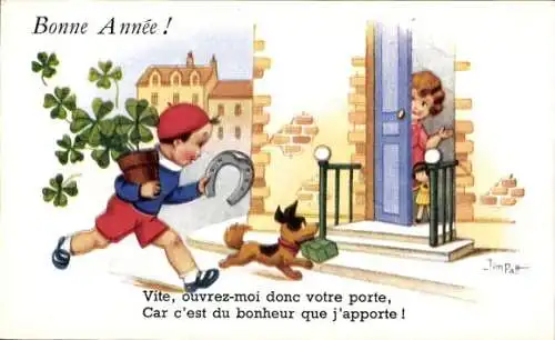 Künstler Ak Patt, Jim, Glückwunsch Neujahr, Junge mit Hufeisen und Klee, Hund mit Geschenk