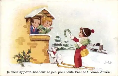 Künstler Ak Patt, Jim, Glückwunsch Neujahr, Junge auf Skiern, Hufeisen