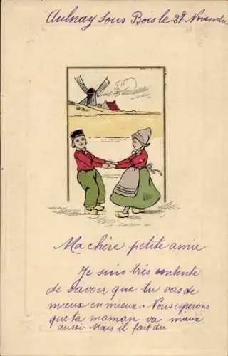 Ak Tanzendes Paar in niederländischen Trachten, Windmühle