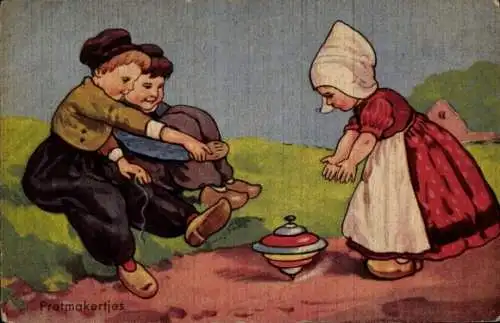Ak Kinder in niederländischen Trachten mit einem Brummkreisel