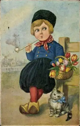 Ak Rauchender Junge in niederländischer Tracht, Tulpen, Hauskatze