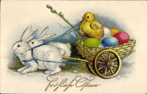Ak Glückwunsch Ostern, Weiße Hasen, Küken, Ostereier, Weidenkätzchen