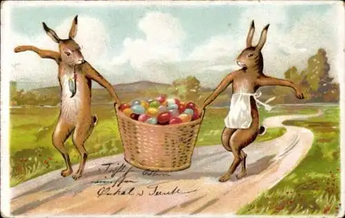 Litho Glückwunsch Ostern, Osterhasen, Ostereier im Korb