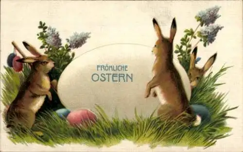 Präge Ak Glückwunsch Ostern, Osterhasen mit Ostereiern