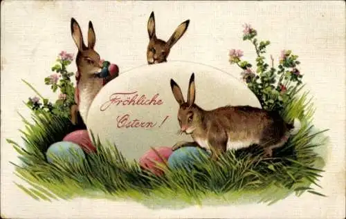 Präge Ak Glückwunsch Ostern, Osterhasen mit Ostereiern
