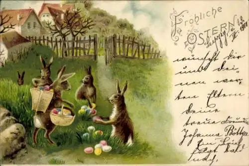 Litho Glückwunsch Ostern, Osterhasen, Ostereier, Dorf, Zaun, Korb