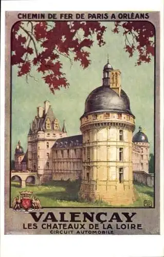 Künstler Ak Valencay Indre, Le Chateau, Paris-Orleans-Eisenbahn, Automobile Circuit, Wappen