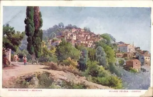 Künstler Ak Peleka Korfu Griechenland, Dorfpartie
