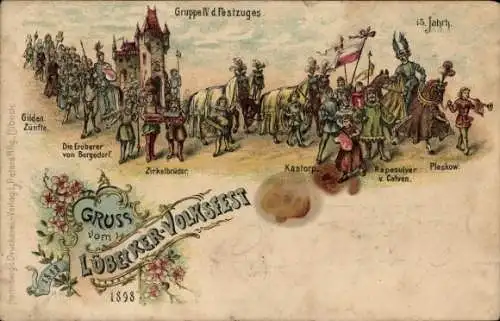 Litho Lübecker Volksfest 1898, Festzug, Kastorp, Pleskow, Gilden Zünfte, Eroberer von Bergedorf