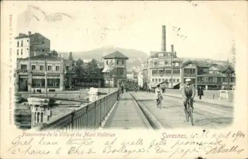 Ak Suresnes Hauts de Seine, Panorama der Stadt und des Mont Valérien, Radfahrer