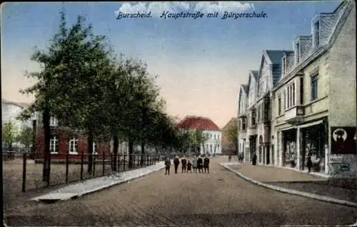 Ak Burscheid in Nordrhein Westfalen, Hauptstraße mit Bürgerschule, Geschäft