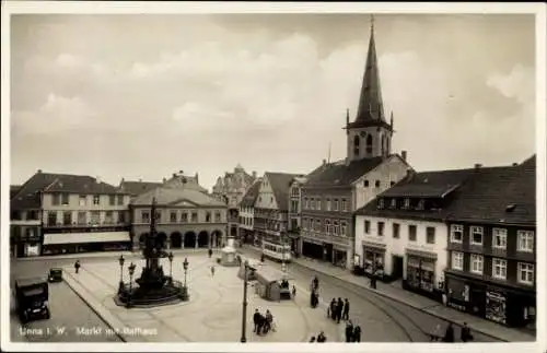 Ak Unna in Westfalen, Markt, Rathaus, Straßenbahn, Denkmal