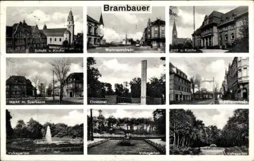 Ak Brambauer Lünen, Waltroper Straße, Volksgarten, Ehrenmal, Kirche, Schule, Markt, Sparkasse