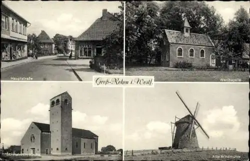 Ak Groß Reken in Westfalen, Hauptstraße, Alte Windmühle, St. Heinrich Kirche, Waldkapelle