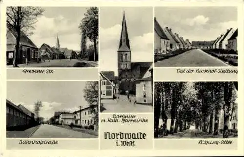 Ak Nordwalde in Westfalen, Pfarrkirche, Barkhof Siedlung, Grevener Straße, Bisping-Allee