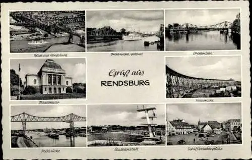 Ak Rendsburg in Schleswig Holstein, Hochbrücke, Drehbrücke, Stadttheater, Schiffbrückenplatz