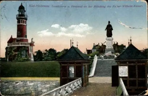 Ak Kiel Holtenau, Leuchtturm u. Denkmal an d. Mündung d. Kaiser Wilhelm Kanals