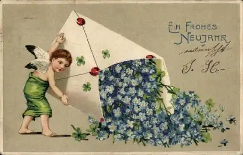 Präge Ak Glückwunsch Neujahr, Engel, Vergissmeinnicht, Briefumschlag, Glücksklee
