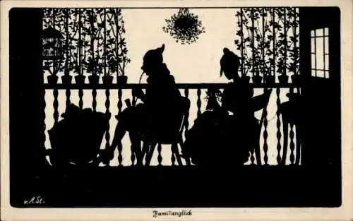 Scherenschnitt Ak Familienglück, Rauchender Mann, Frau beim Stricken